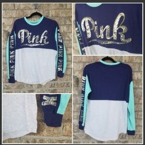 Victorias Secret PINK BLING Baseball Shirt (SMALL)Gray Teal Blue Long Sleeve